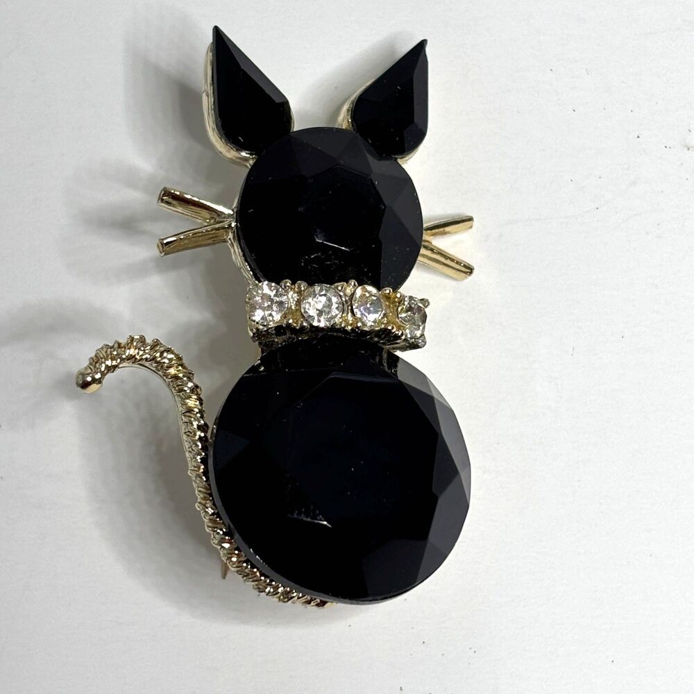 Vintage Dodd Signed Black Cat Brooch Pin Rhinestones Witchy Halloween Whimsigoth